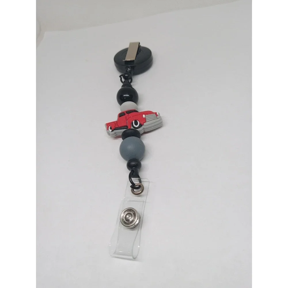 Retractable Badge Reel ID Holder‎ Red Vintage Truck Charm Beaded Nurse Teacher